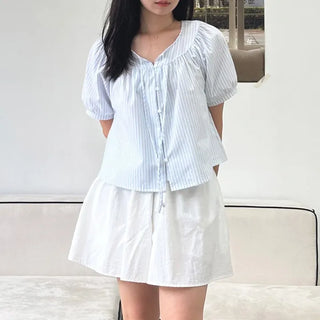 Blue Stripe Balloon Blouse Seersucker Loose Fit Blouse