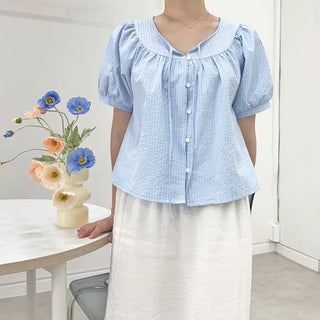 Blue Stripe Balloon Blouse Seersucker Loose Fit Blouse