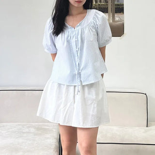 Blue Stripe Balloon Blouse Seersucker Loose Fit Blouse