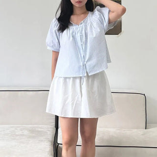 Blue Stripe Balloon Blouse Seersucker Loose Fit Blouse