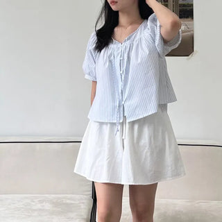 Blue Stripe Balloon Blouse Seersucker Loose Fit Blouse