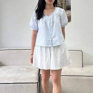 Blue Stripe Balloon Blouse Seersucker Loose Fit Blouse