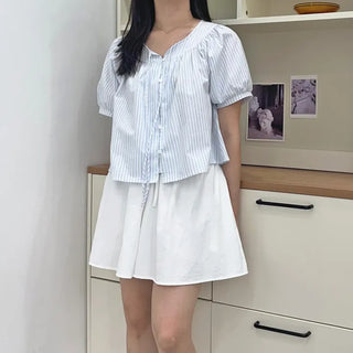 Blue Stripe Balloon Blouse Seersucker Loose Fit Blouse
