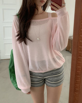 Linen Off-Shoulder Sweatshirt Summer Long-Sleeve T-Shirt Resort Look