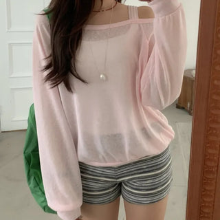 Linen Off-Shoulder Sweatshirt Summer Long-Sleeve T-Shirt Resort Look