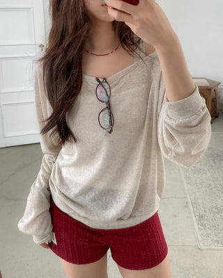 Linen Off-Shoulder Sweatshirt Summer Long-Sleeve T-Shirt Resort Look