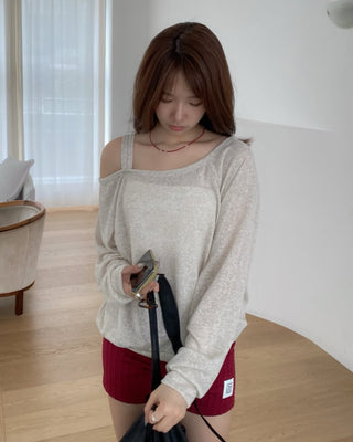 Linen Off-Shoulder Sweatshirt Summer Long-Sleeve T-Shirt Resort Look