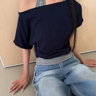 Striped Halter Sleeveless Off-shoulder Top Vacation Look