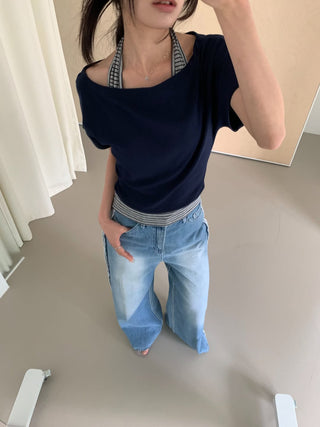 Striped Halter Sleeveless Off-shoulder Top Vacation Look