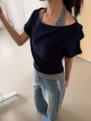 Striped Halter Sleeveless Off-shoulder Top Vacation Look