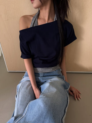 Striped Halter Sleeveless Off-shoulder Top Vacation Look
