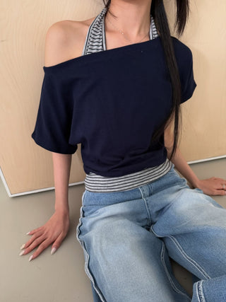 Striped Halter Sleeveless Off-shoulder Top Vacation Look