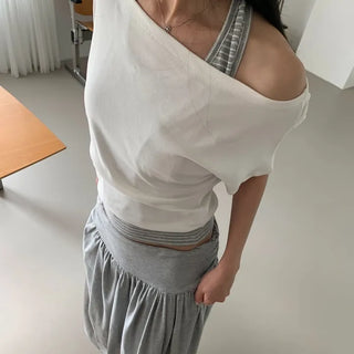 Striped Halter Sleeveless Off-shoulder Top Vacation Look