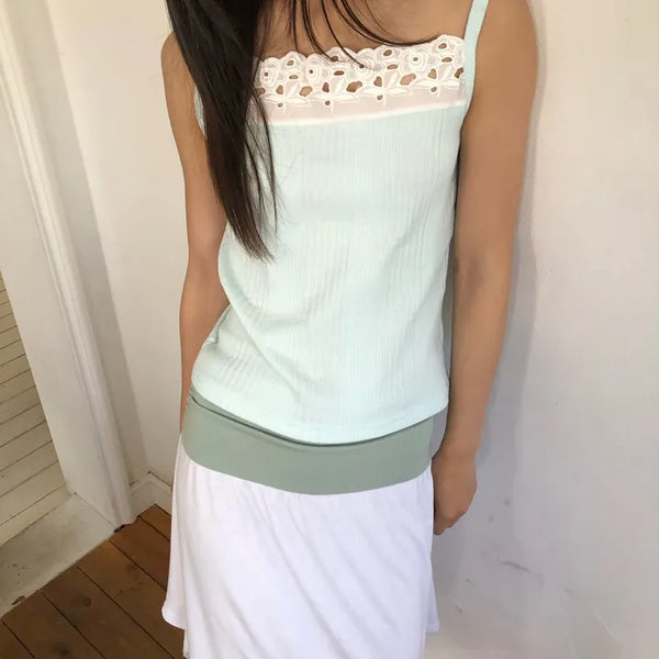 Punched Big Lace Ribbed Sleeveless Layered Strap Sleeveless