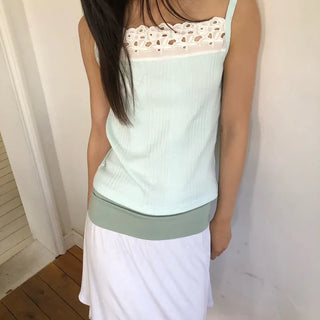 Punched Big Lace Ribbed Sleeveless Layered Strap Sleeveless