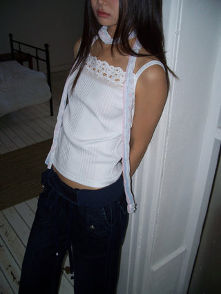 Punched Big Lace Ribbed Sleeveless Layered Strap Sleeveless