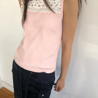 Punched Big Lace Ribbed Sleeveless Layered Strap Sleeveless