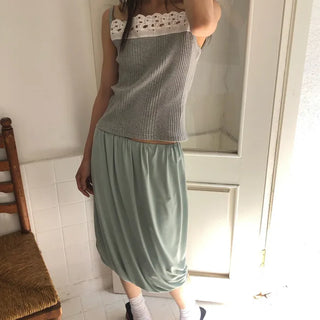 Punched Big Lace Ribbed Sleeveless Layered Strap Sleeveless