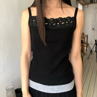 Punched Big Lace Ribbed Sleeveless Layered Strap Sleeveless