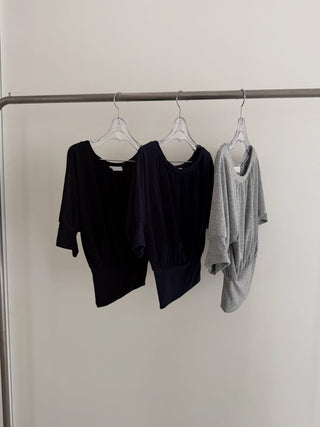 Shirred Crop Off-shoulder 3/4 Sleeve T-shirt One-shoulder Elastic T-shirt Casual Vacation Look