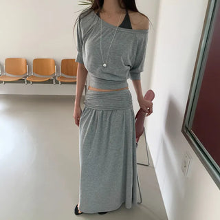 Shirred Elastic Long Skirt Set Long Skirt Vacation Look