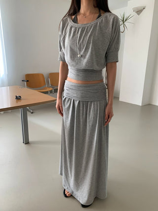 Shirred Elastic Long Skirt Set Long Skirt Vacation Look
