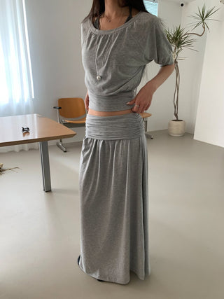 Shirred Elastic Long Skirt Set Long Skirt Vacation Look