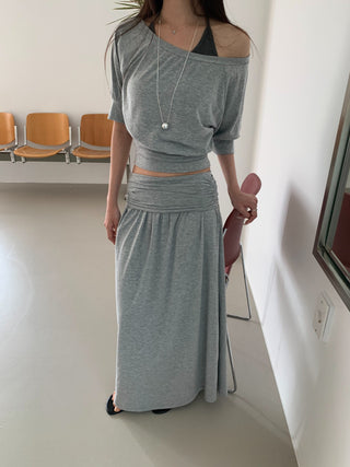 Shirred Elastic Long Skirt Set Long Skirt Vacation Look