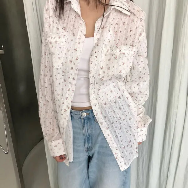 Flower Summer See-through Shirt Floral Print Blouse Summer Long-Sleeve Shirt