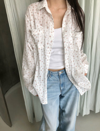 Flower Summer See-through Shirt Floral Print Blouse Summer Long-Sleeve Shirt