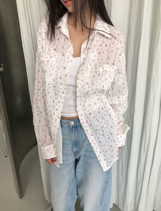 Flower Summer See-through Shirt Floral Print Blouse Summer Long-Sleeve Shirt