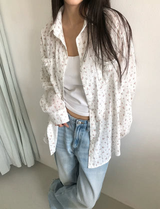 Flower Summer See-through Shirt Floral Print Blouse Summer Long-Sleeve Shirt