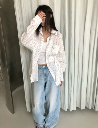 Flower Summer See-through Shirt Floral Print Blouse Summer Long-Sleeve Shirt