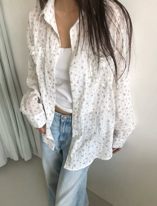 Flower Summer See-through Shirt Floral Print Blouse Summer Long-Sleeve Shirt
