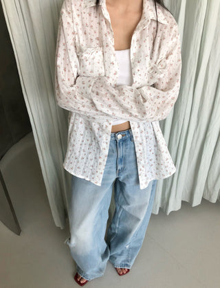 Flower Summer See-through Shirt Floral Print Blouse Summer Long-Sleeve Shirt