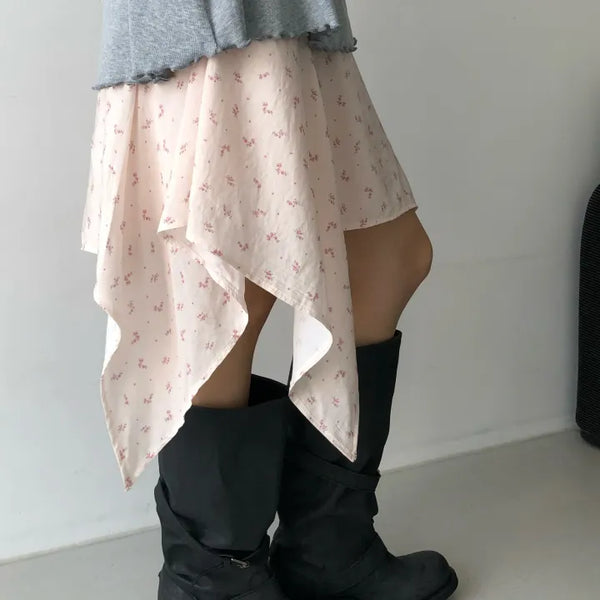 Flower Asymmetrical Layered Skirt Floral Print Flare Midi Skirt