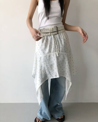Flower Asymmetrical Layered Skirt Floral Print Flare Midi Skirt