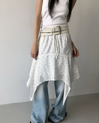 Flower Asymmetrical Layered Skirt Floral Print Flare Midi Skirt