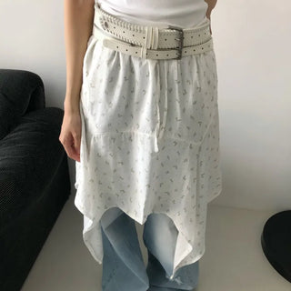 Flower Asymmetrical Layered Skirt Floral Print Flare Midi Skirt