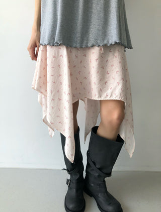 Flower Asymmetrical Layered Skirt Floral Print Flare Midi Skirt