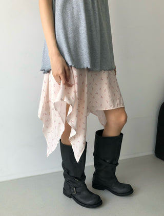 Flower Asymmetrical Layered Skirt Floral Print Flare Midi Skirt