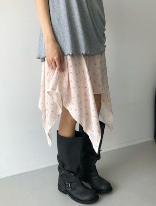Flower Asymmetrical Layered Skirt Floral Print Flare Midi Skirt
