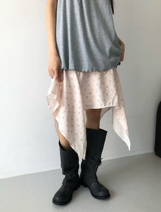 Flower Asymmetrical Layered Skirt Floral Print Flare Midi Skirt