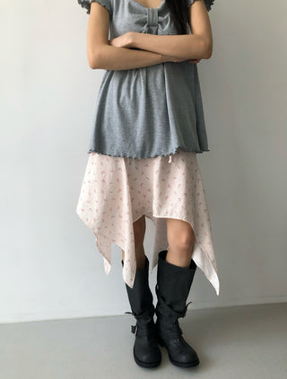Flower Asymmetrical Layered Skirt Floral Print Flare Midi Skirt