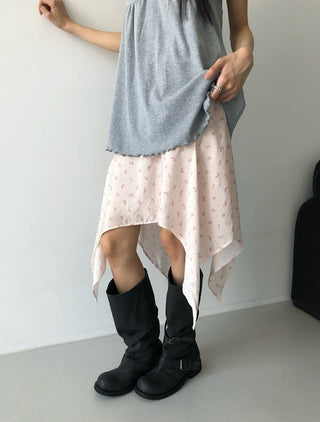 Flower Asymmetrical Layered Skirt Floral Print Flare Midi Skirt