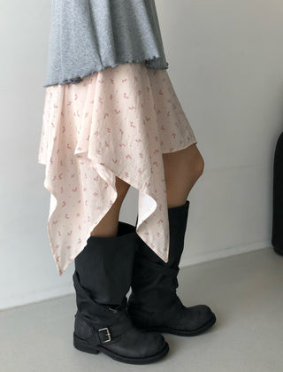 Flower Asymmetrical Layered Skirt Floral Print Flare Midi Skirt