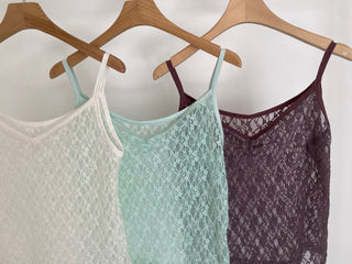 Flower Lace See-through Layered Colored Strappy Top