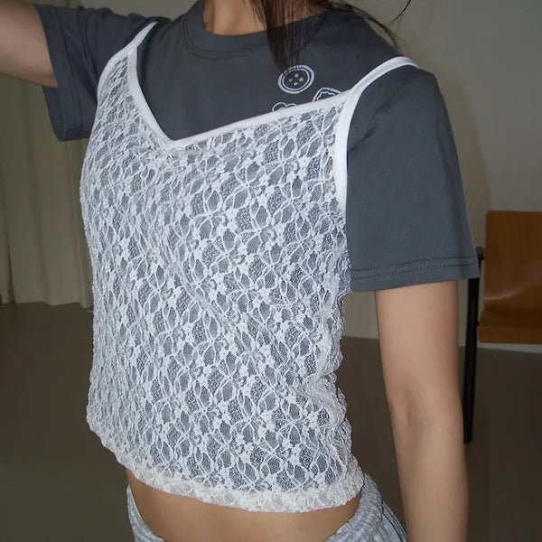 Flower Lace See-through Layered Colored Strappy Top