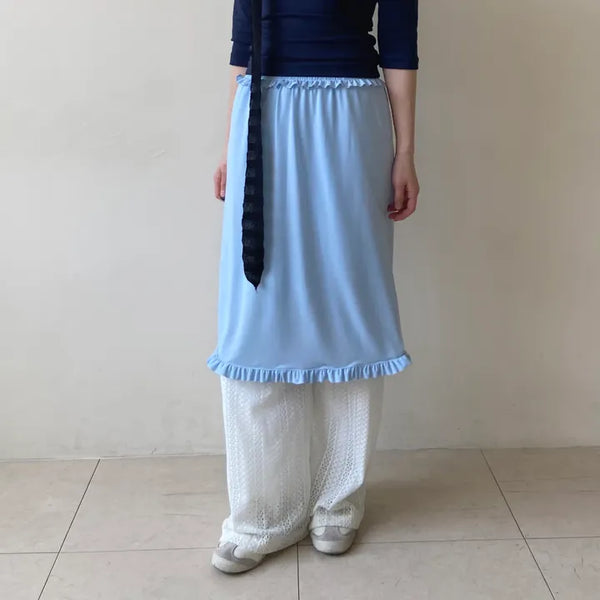 Smocking banding frill layered skirt vivid back slit midi skirt