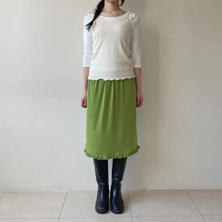Smocking banding frill layered skirt vivid back slit midi skirt